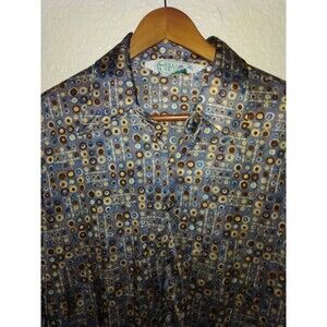 Vintage Long Sleeved Atomic Dots Circles Geometric Shirt L Blue & Brown Nylon